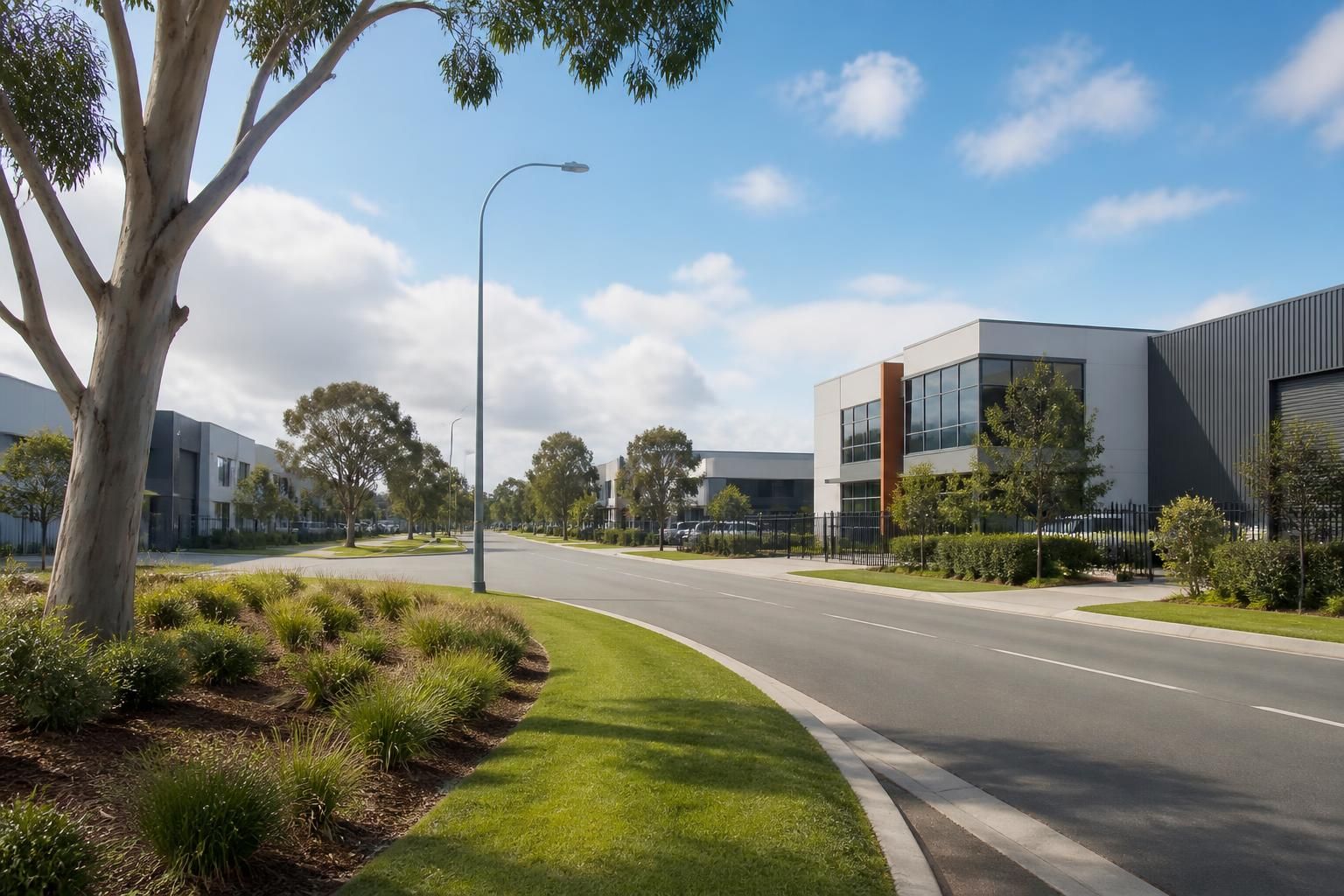 Tidy suburban and industrial streetscape in Canning Vale