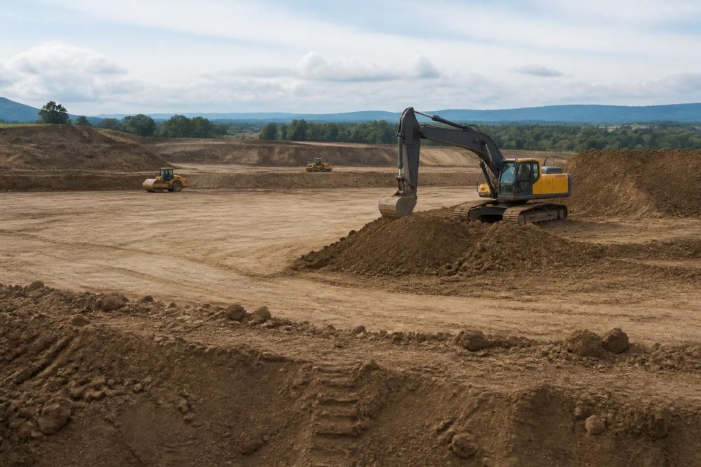 Graded earthworks site with excavated pad and machinery