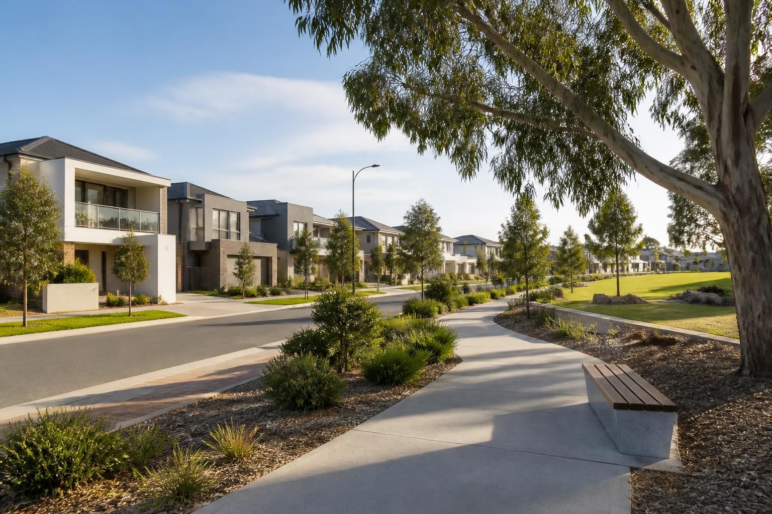 Modern suburban streetscape and community space in Cockburn