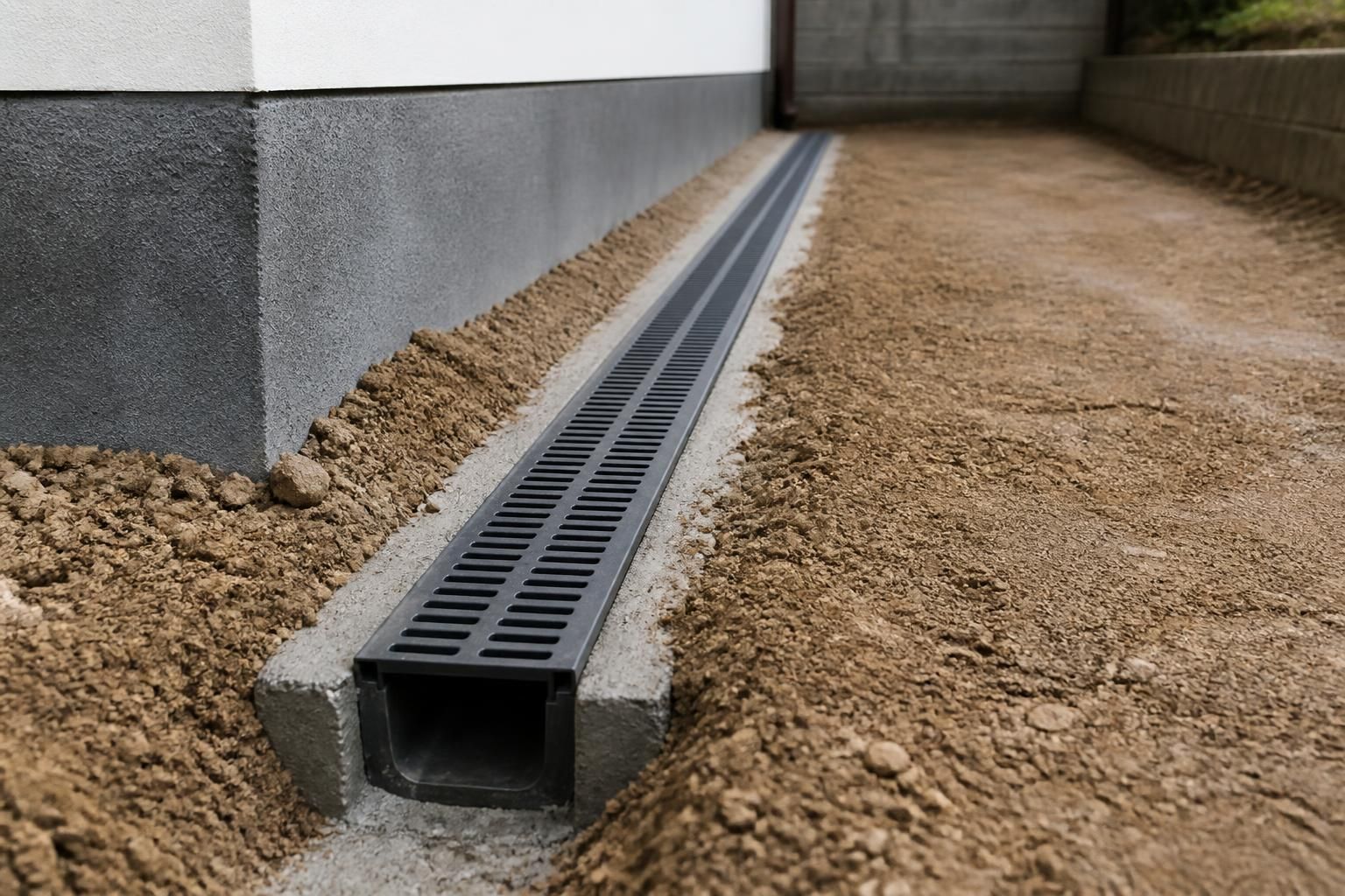 Finished site drainage with clean installed drainage channels