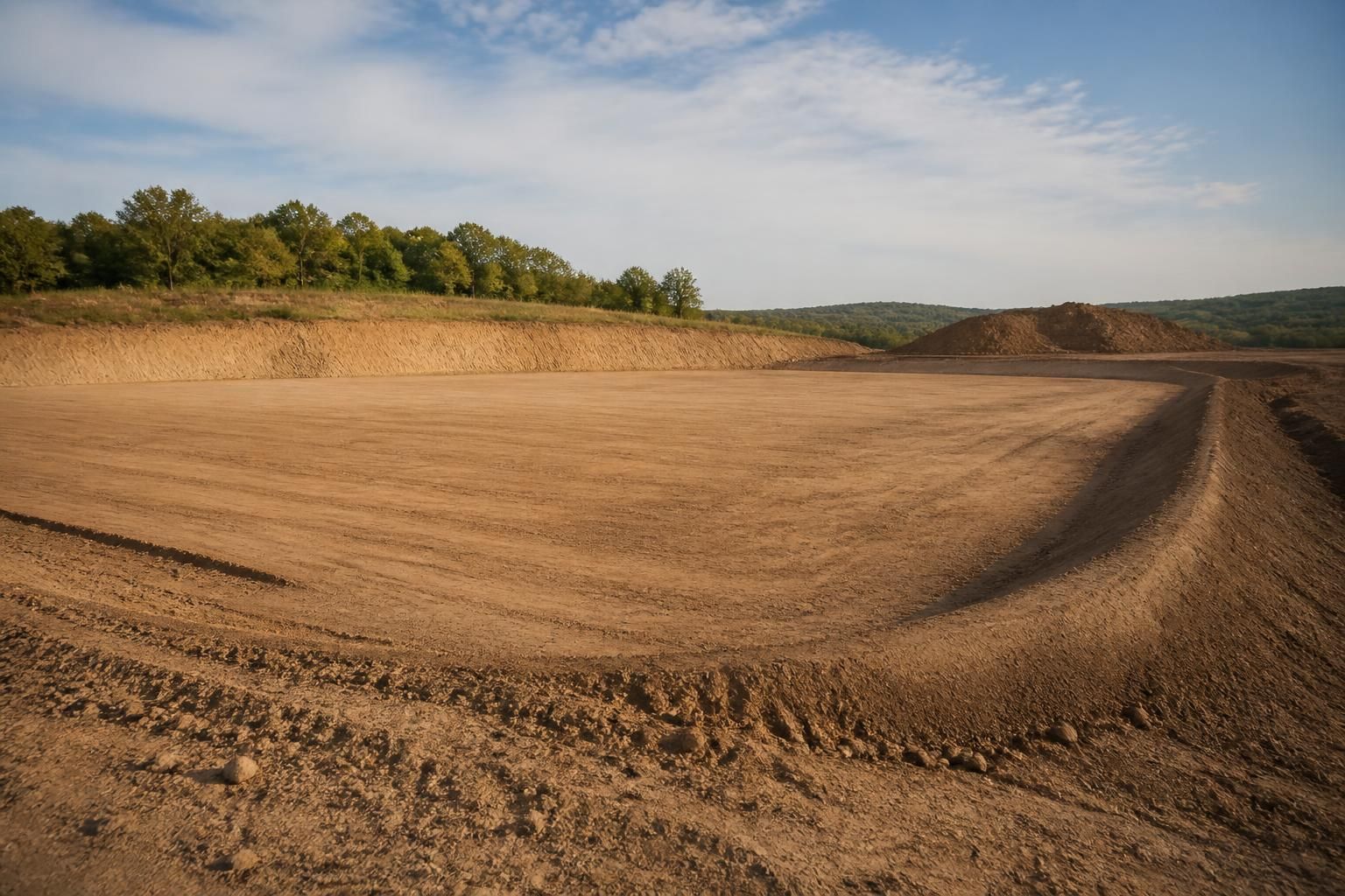 Graded earthworks area with smooth finished soil surface