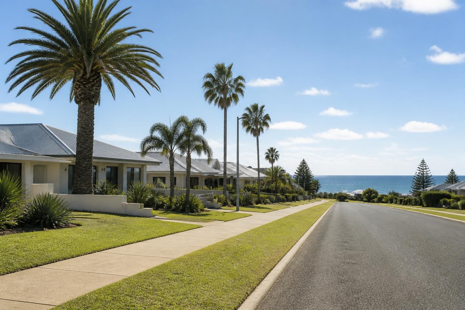 Coastal suburb scene with homes and palm trees in Rockingham