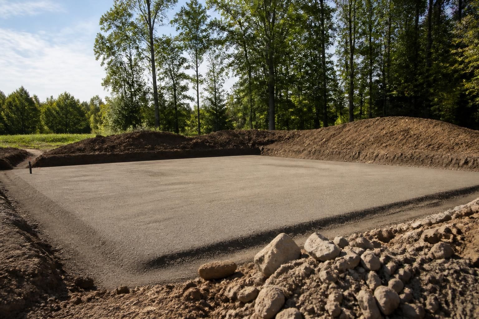 Cleared construction site with leveled ground and prepared pad