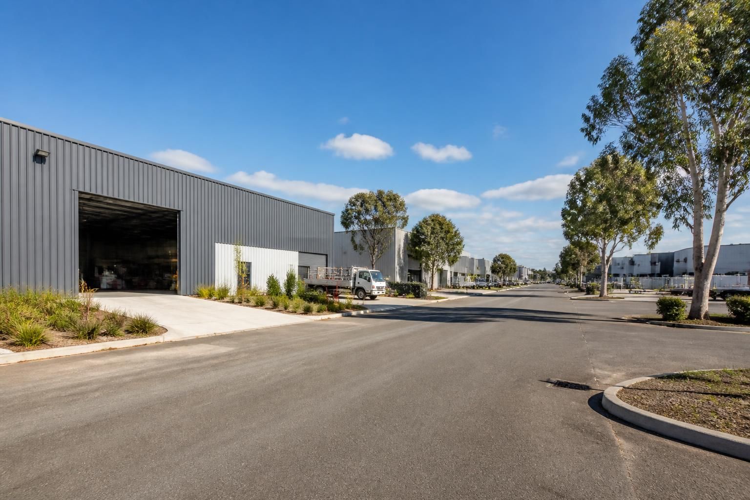 Orderly industrial district with warehouses in Welshpool
